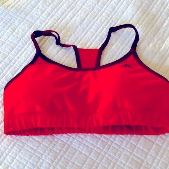 Adidas Vibrant Red Padded Sports Bra with Maroon Logo and Adjustable Straps - Picture 1 of 8